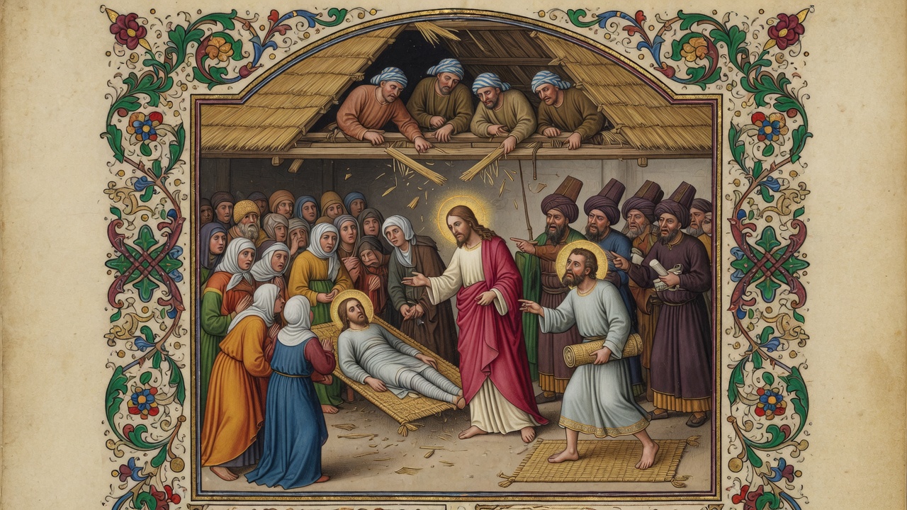 Illustration of Healing the Paralytic Lowered Through the Roof